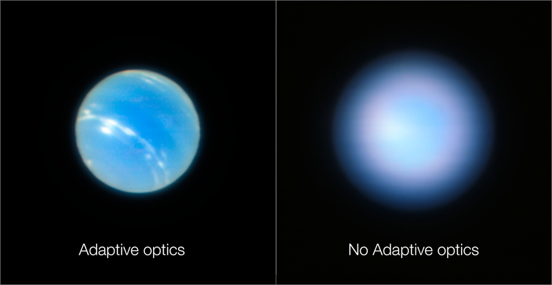 A la izquierda, la imagen de Neptuno usando el sistema de ópticas adaptativas. A la derecha, la misma imagen sin usar la técnica